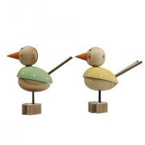 Houten vogel deco figuur raamdecoratie lente geel/groen H15cm 2st