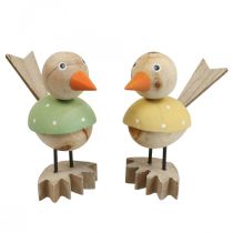 Houten vogel deco figuur raamdecoratie lente geel/groen H15cm 2st