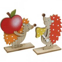 Herfstbeeldje, egel met appel en paddestoel, houtdecoratie oranje/rood H24/23.5cm set van 2