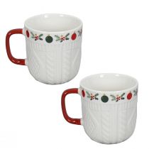 Artikel Kerstbeker van keramiek met gebreid patroon en feestelijk decor 9cm - rood-wit 2st