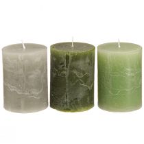 Artikel Kaarsen groen 3 verschillende kleuren zuilen 60x80cm 12 st