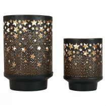 Kaarsenhouder metaal zwart/gouden sterren H13,5cm/19cm set van 2