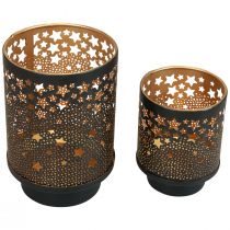 Kaarsenhouder metaal zwart/gouden sterren H13,5cm/19cm set van 2