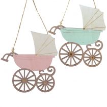 Artikel Decoratieve hangende kinderwagen roze / blauw 16,5 cm x 15 cm 6 stks