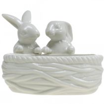 Artikel Konijnen met nest, tafeldecoratie, paasnest, porseleinen decoratie, decoratieve schaal wit L15cm H11cm