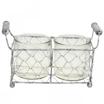 Vintage draadmand gewit met glazen vaas lantaarn 21×10,5 cm