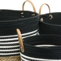 Artikel Set van 3 opbergmanden met handgrepen, plantenmand &amp; opbergbak, zwart-wit, natuurlijke afwerking, stapelbaar, Ø32/28/23cm, H30/25/19cm