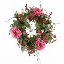 Herfstkrans zijden bloemen roze gerbera distel tafelkrans Ø32cm