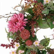 Herfstkrans zijden bloemen roze gerbera distel tafelkrans Ø32cm