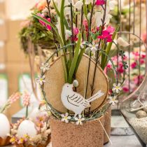 Krans met vogel, metalen decoratie om op te hangen, lente wit/groen Ø14.5cm set van 2