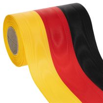 Artikel Moiré kranslinten 150 mm zwart-rood-goud met Frans moiré-effect, rol van 25 meter voor decoratie en uitvaartdiensten.