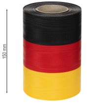 Artikel Moiré kranslinten 150 mm zwart-rood-goud met Frans moiré-effect, rol van 25 meter voor decoratie en uitvaartdiensten.
