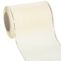 Artikel Crèmekleurig kranslint met gouden rand, supersatijn, 125 mm breed, 25 m lang - Waterdicht, ideaal voor computerbedrukking en milieuvriendelijk.