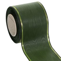 Artikel Donkergroen kranslint met gouden rand, 75 mm breed, 25 m lang - Ideaal voor rouwlinten en bloemstukken.