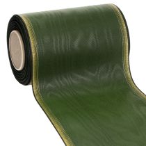 Artikel Moiré kranslint, 150 mm, donkergroen met gouden parelrand, taftweefsel, rol van 25 meter voor decoratie en vormgeving.