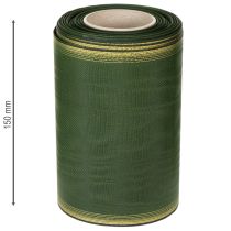 Artikel Moiré kranslint, 150 mm, donkergroen met gouden parelrand, taftweefsel, rol van 25 meter voor decoratie en vormgeving.