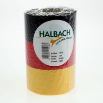 Artikel Moiré kranslinten 150mm zwart-rood-goud met Frans moiré-effect, rol van 25m voor decoratie en uitvaartdiensten