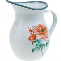 Decoratieve kan, bloemenvaas vintage look, emaille kan met rozenmotief H19cm