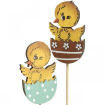 Artikel Paasdecoratie kuiken in ei houten decoratiefiguur op stok Pasen 7cm 12 st