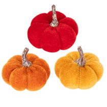 Artikel Decoratieve pompoenenset van fluweel in drie kleuren, mini-pompoenen van 5 cm, 12 stuks
