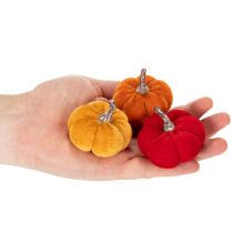 Artikel Decoratieve pompoenenset van fluweel in drie kleuren, mini-pompoenen van 5 cm, 12 stuks