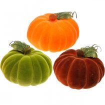 Deco pompoen flocked mix oranje, groen, rood herfstdecoratie 16cm 3st