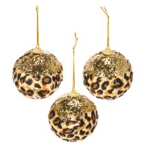 Artikel Kerstbal met luipaardprint en gouden glitter, 7 cm, 3 stuks