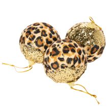 Artikel Kerstbal met luipaardprint en gouden glitter, 7 cm, 3 stuks