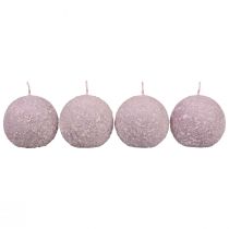 Artikel Ronde kaarsen paarse sneeuwbal glitterbolkaarsen 8 cm, 4 stuks