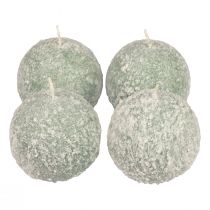 Bolkaarsen 8 cm ronde kaarsen groen sneeuwbal glitter 4 stuks