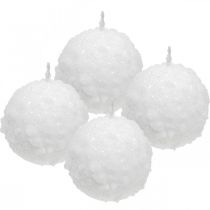 Artikel Adventskaarsen, sneeuwbalmotief, Ø80mm witte bolkaarsen, set van 4, kerstversiering, wintermagie