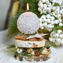 Artikel Bolkaarsen 8 cm ronde kaarsen beige sneeuwbal glitter 4 stuks