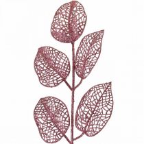 Kunstplanten, deco bladeren, kunsttak roze glitter L36cm 10st