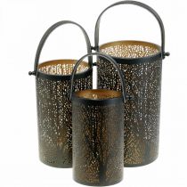 Metalen lantaarn, lantaarn met boom, herfstdecoratie, zwart, goud Ø20 / 19 / 14cm H23.5 / 17 / 12.5cm