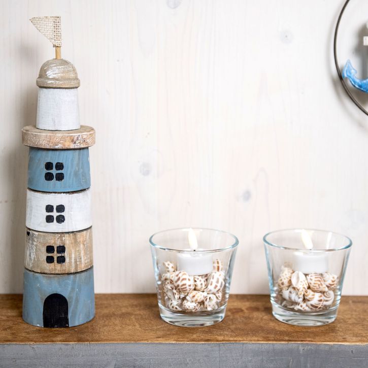 Houten Vuurtoren Maritiem Hout Deco Blauw Wit H30.5cm