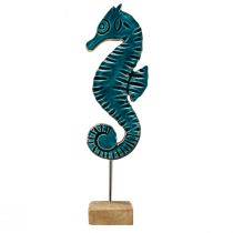 Artikel Maritieme decoratie zeepaardje op standaard mangohout turquoise 19,5cm