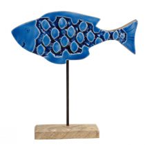 Artikel Maritieme decoratieve houten vis op standaard blauw 25cm x 24,5cm