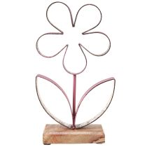 Artikel Metalen Decoratie Bloem op Houten Voet Oud Roze Zilver H29cm