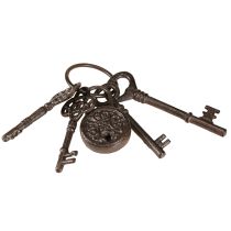 Artikel Metalen decoratieve sleutelbos met slot bruin H22cm
