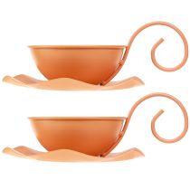Artikel Decoratieve metalen kop, oranje, Ø11,5 cm, H6 cm, met schotel, 2 stuks