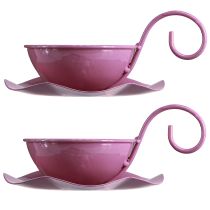 Artikel Metalen decoratieve kop en schotel roze H8cm Ø11,5cm 2st