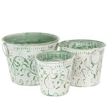 Artikel Metalen potten met handvatten, plantenbakken met reliëf, wit, groen, shabby chic, H20.5/18.5/16cm, Ø25.5/20.5/15.5cm, set van 3