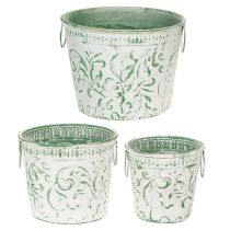 Artikel Metalen potten met handvatten, plantenbakken met reliëf, wit, groen, shabby chic, H20.5/18.5/16cm, Ø25.5/20.5/15.5cm, set van 3
