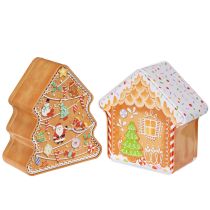 Artikel Kerstblik, koekblik, kerstboom en huisje, peperkoeklook, 14 cm, 2 stuks