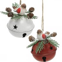 Bellen met roodborstjes, vogeldecoratie, winter, decoratieve kerstklokken wit/rood Ø9cm H10cm set van 2