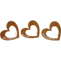 Hartstekers &quot;In memory&quot; &quot;In love&quot; &quot;Unforgotten&quot;, rouwdecoratie, metalen patina 8×7cm 12 stuks