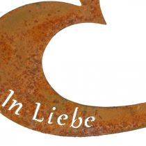 Hartstekers &quot;In memory&quot; &quot;In love&quot; &quot;Unforgotten&quot;, rouwdecoratie, metalen patina 8×7cm 12 stuks