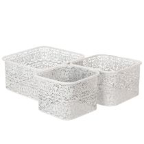 Artikel Metalen kommen met kantpatroon, decoratieve schaal, vierkant, shabby chic, wit, 27/23/19 cm, H13,5 cm, set van 3