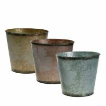 Decoratieve pot met bladeren zink metallic grijs, oranje, bruin Ø18.5cm H15.5cm 3st