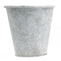 Artikel Vat met ornamenten, plantenpot, metalen pot wit Ø18.5cm H18cm